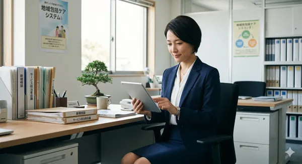 タブレットで利用者情報を確認するケアマネージャー