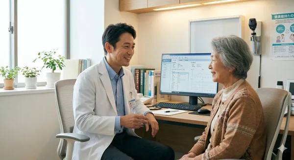 電子カルテを見ながら高齢患者と話す医師